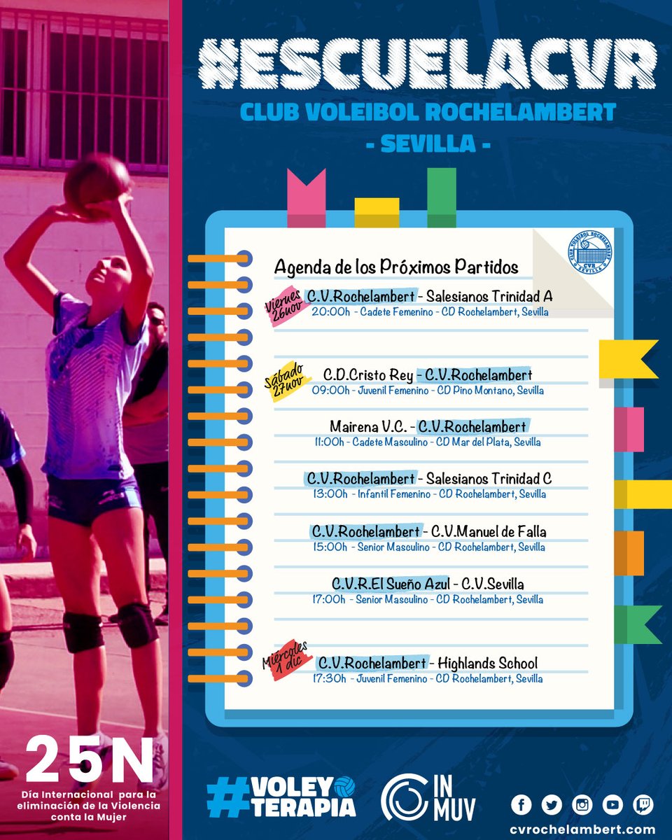 CVRochelambert's tweet photo. 📅 AGENDA DE PRÓXIMOS PARTIDOS EN LA #EscuelaCVR 🏐

🟣#DiaContralaViolenciadeGenero #NiUnaMenos 🟣
.
😍 Disfruta con nosotros de la #VoleyTerapia y del #VoleibolenSevilla 💙
.
🤝 @in_muv https://t.co/U1aEmTzYJl