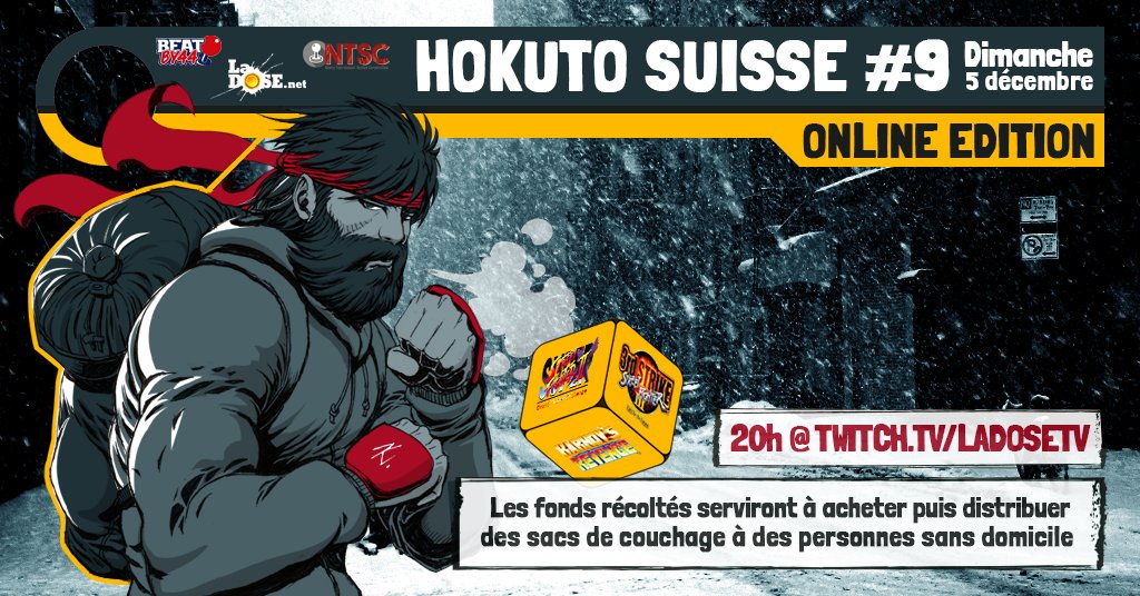 Fort d'avoir récolté plus de 1800€ de dons l'année passée, le déjanté Hokuto Suisse revient le 5 décembre au soir avec l'objectif de fournir des sacs de couchage aux plus démunis, en partenariat avec <a href="/AssociationNTSC/">Association NTSC</a> et <a href="/Beatby44/">Beat by 44</a> !

INFOS / INSCRIPTIONS : ladose.net/events/hokuto-…