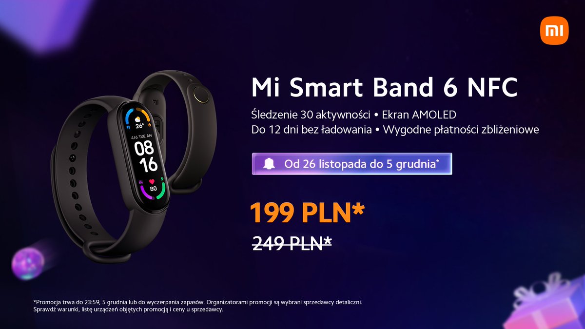 XiaomiPL's tweet photo. #XiaomiFriday to dobra okazja na zakup prezentów świątecznych. #MiSmartBand6NFC sprawdzi się dla tych, którzy żyją aktywnie i nowocześnie. Ćwicz, śpij, NFC, powtórz! #ReadySetShop https://t.co/BZJZHzRdLx