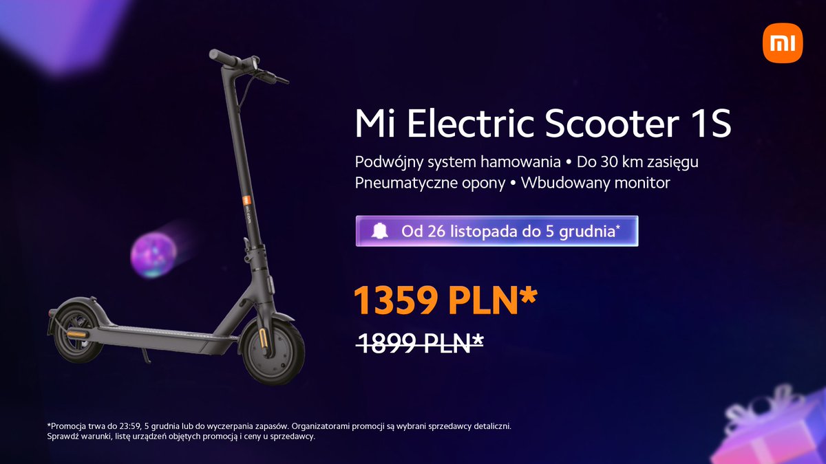 XiaomiPL's tweet photo. Przyjemność z jazdy hulajnogą elektryczną potrafi zaskoczyć tak jak Xiaomi promocjami! Śmigaj z gracją przez miasto i nie stój w korkach z pomocą #MiElectricScooter1S. Teraz w promocyjnej cenie. #ReadySetShop #XiaomiFriday https://t.co/V3tB53oruv