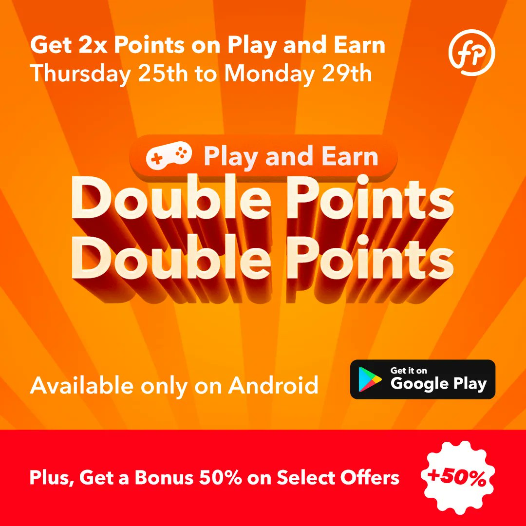 Happy Thanksgiving from FeaturePoints!

Double points on Play and Earn is back this weekend! (Android only)
Plus, get a bonus 50% on select offers.

Start earning double points now: featurepoints.com

Thursday 12pm PST to Monday 12pm PST.
