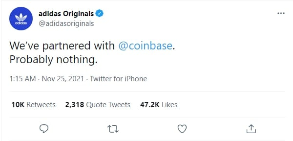 bholdusindia's tweet photo. ADIDAS ANNOUNCES COINBASE PARTNERSHIP 💥
#CryptoNews 

The German sports giant has officially announced its partnership with Coinbase

📲 For detailed information, please read :
https://t.co/fHApqwqsxB https://t.co/4bsGT3XXBb