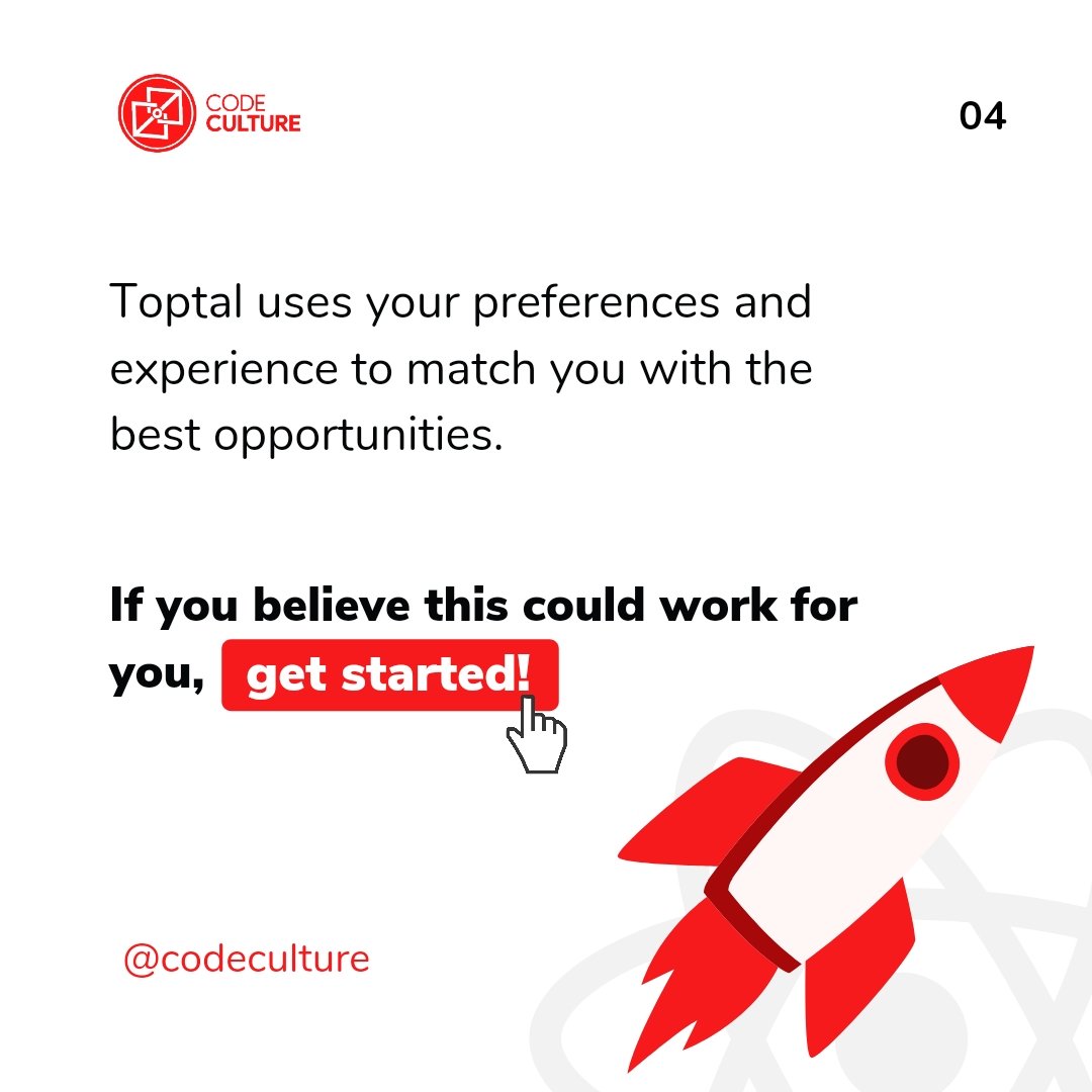 CodeCulture02's tweet image. As a #software developer or #professional in any #tech related field getting a profitable job seems hard but here&apos;s a hub where one can easily find employment opportunities @toptal 

#codeculture #CodeNewbie #coding #100DaysOfCode #programming #ThursdayThoughts #5G #techtwitter