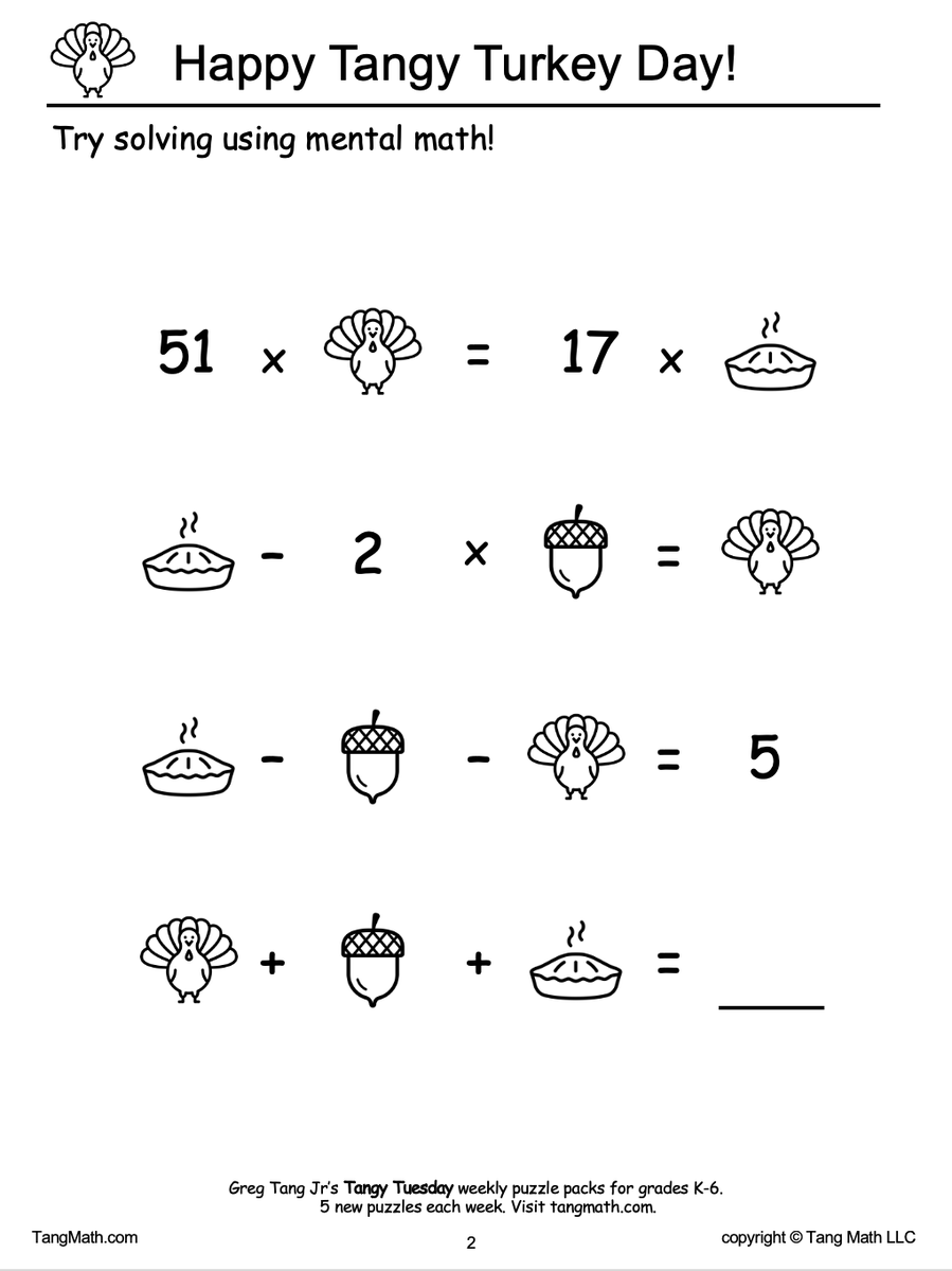 gregtangmath's tweet photo. Happy Thankful Thursday! Here's a puzzle-y Pictarithm to solve after dinner. Will you use algebraic equations? Guess &amp; check?  A bar model? A table? Mental math? 
Enjoy your day! https://t.co/bjdEi3HGfH