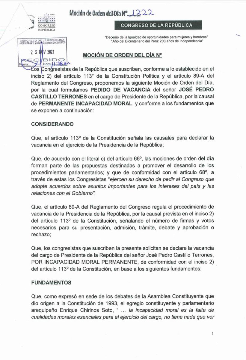 PattyChirinosVe's tweet photo. Listo. La moción de #VacanciaPedroCastillo para recuperar la gobernabilidad del país ya fue presentada. Ahora corresponde que nos unamos tod@s para cumplir la voluntad de la mayoría de peruanos. El Congreso debe actuar con moral y consciencia por la esperanza del Perú #VacanciaYa https://t.co/otwP8m9cIM