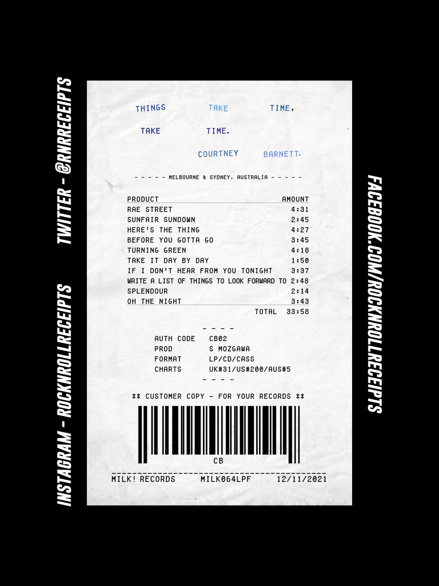 RNRReceipts's tweet photo. The 331st proof of purchase for your awesome taste in music is the Rock N Roll Receipt for ‘Things Take Time, Take Time’ by Courtney Barnett.
🎶
#rocknrollreceipts #courtneybarnett #thingstaketimetaketime #music #art #albumreceipt https://t.co/oSvJWh6bN1