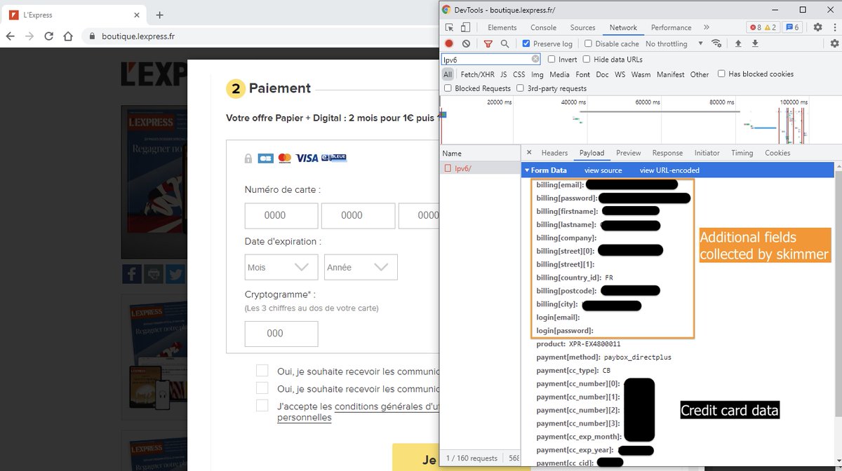 Threat_Down's tweet photo. ℹ️ One of the top French newspapers, @LEXPRESS, appears to have a compromised reader subscription portal.

➡️ Victim site: boutique[.]lexpress[.]fr
➡️ Data exfiltration: server-side

We have informed them already.

#Magecart #WebSkimming https://t.co/ZJyjUYy17h