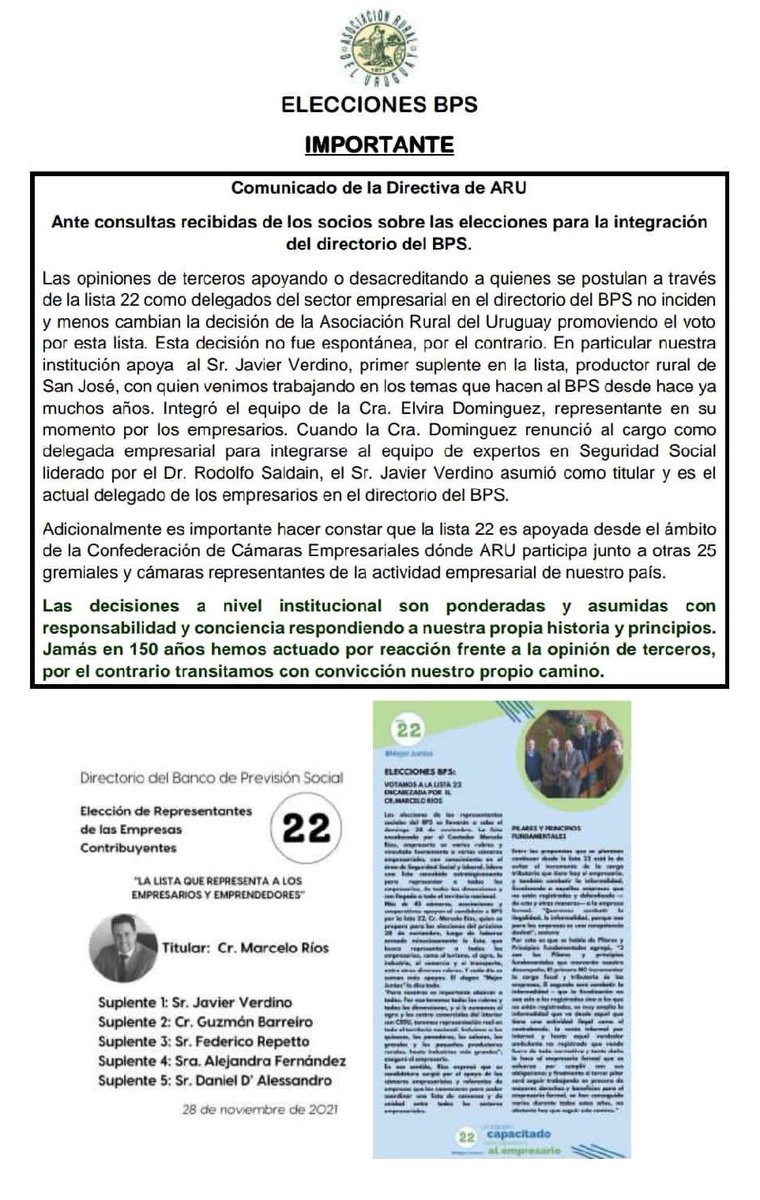 El Domingo 28 en las Elecciones para los representantes sociales en Directorio del BPS los empresarios votamos la LISTA 22 @eleccionesbps22 encabezada por el Cr Marcelo Ríos <a href="/MarceloRiosCr/">Cr. Marcelo Ríos</a>. Apoyan Asociacion Rural del Uruguay , <a href="/CCE_Uruguay/">Confederación de Cámaras Empresariales Uruguay</a> y 25 gremiales empresariales amigas