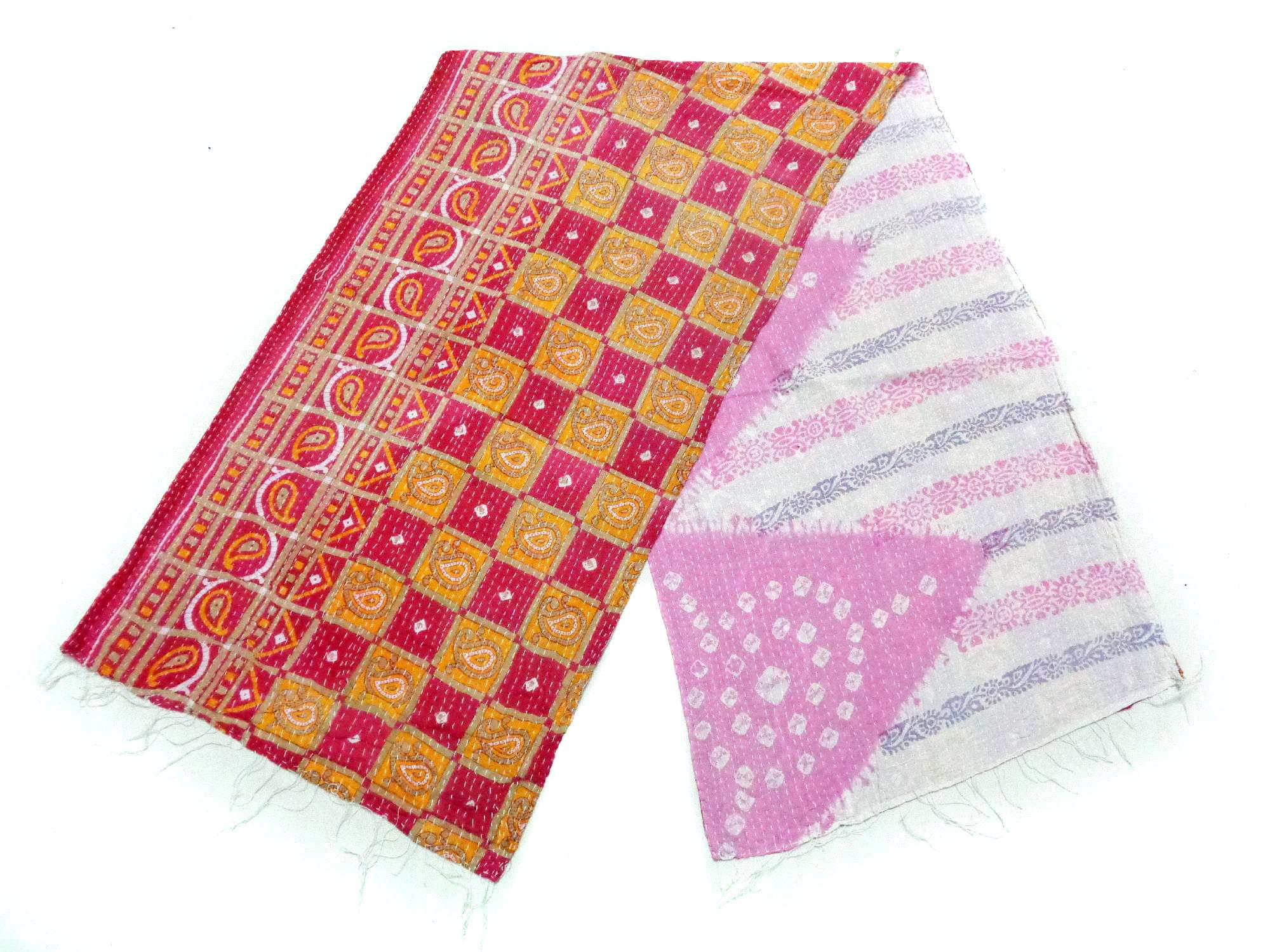 Vintage Dupatta Long Scarf Cotton Saffron Hand Embroidered Kantha Wrap Hijab SK58