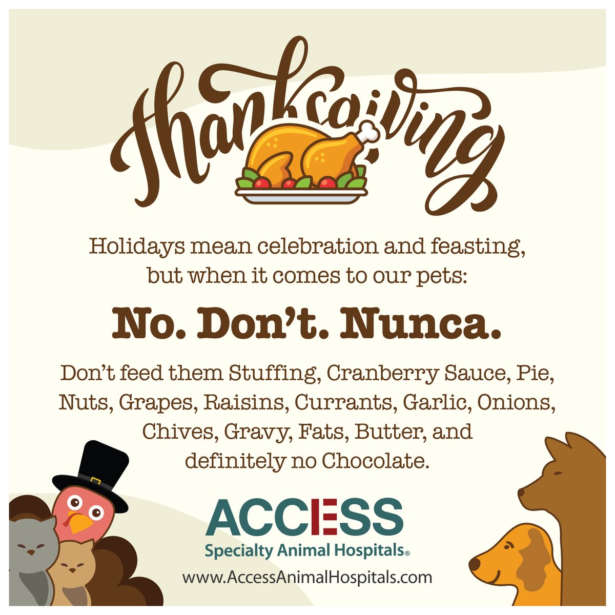 We wish you and your loved ones a happy and healthy Thanksgiving. Here are a few tips to keep your pets safe this holiday season.