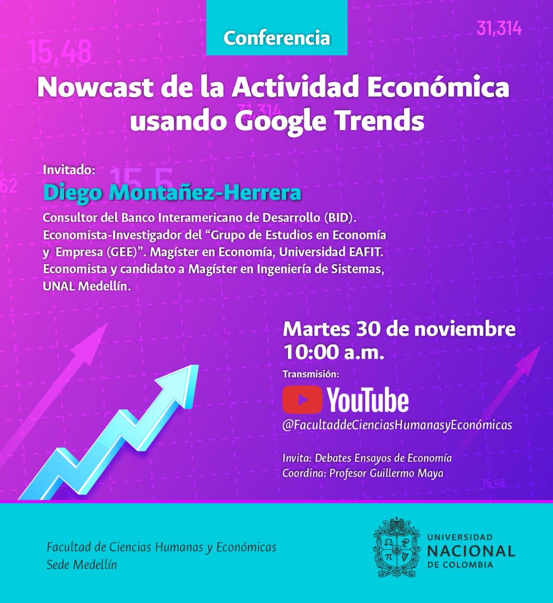 DiegomontanezH's tweet photo. Todos invitados para conocer cómo usar datos de @Google más #ArtificialIntelligence #MachineLearning para mejores pronósticos económicos #Nowcast . En mi casa @UNALOficial @UNALmedellin @FCHE_UN https://t.co/fbwV43IPeW