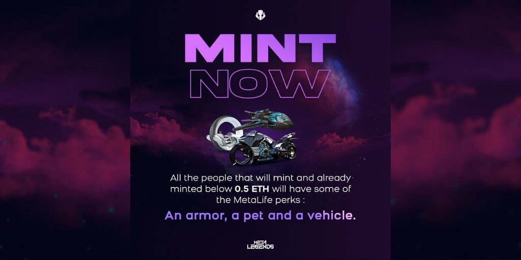 metalegendsnft's tweet photo. Dear Legends, 

REMINDER 🚀 : All the people that will mint and already minted below 0.5 ETH will have some of the #MetaLife perks : 

✅ An Armor
✅ The Vehicle
✅ A Pet 

Which one do you prefer? 🤩

LIKE, RETWEET and SHARE to YOUR LEGENDARY FRIENDS ❤️🔥 https://t.co/hQZwreqogp