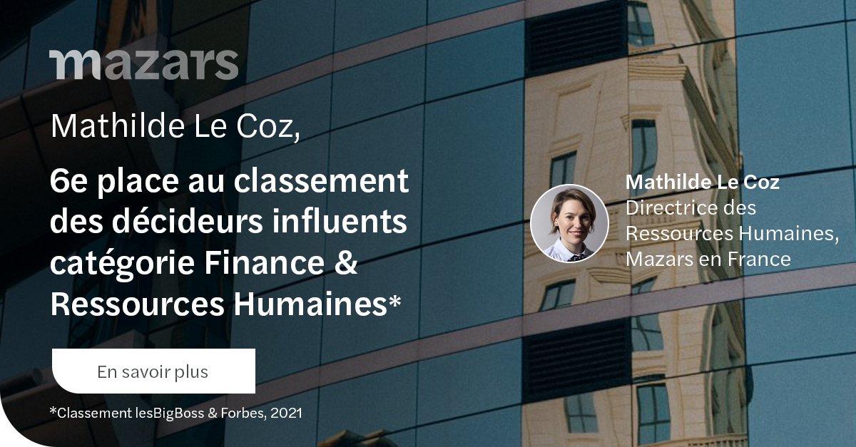 🏆 <a href="/CozMathilde/">Mathilde LE COZ</a>, #DRH de @MazarsenFrance, fait partie des décideurs les plus influents #RH #Finance !
Le classement de @lesBigBossOff et <a href="/Forbes/">Forbes</a> met en valeur 200 décideurs provenant de 4 univers.
À découvrir ici : mz.rs/3oZ88T0
Bravo à notre #BigBoss 👏👏