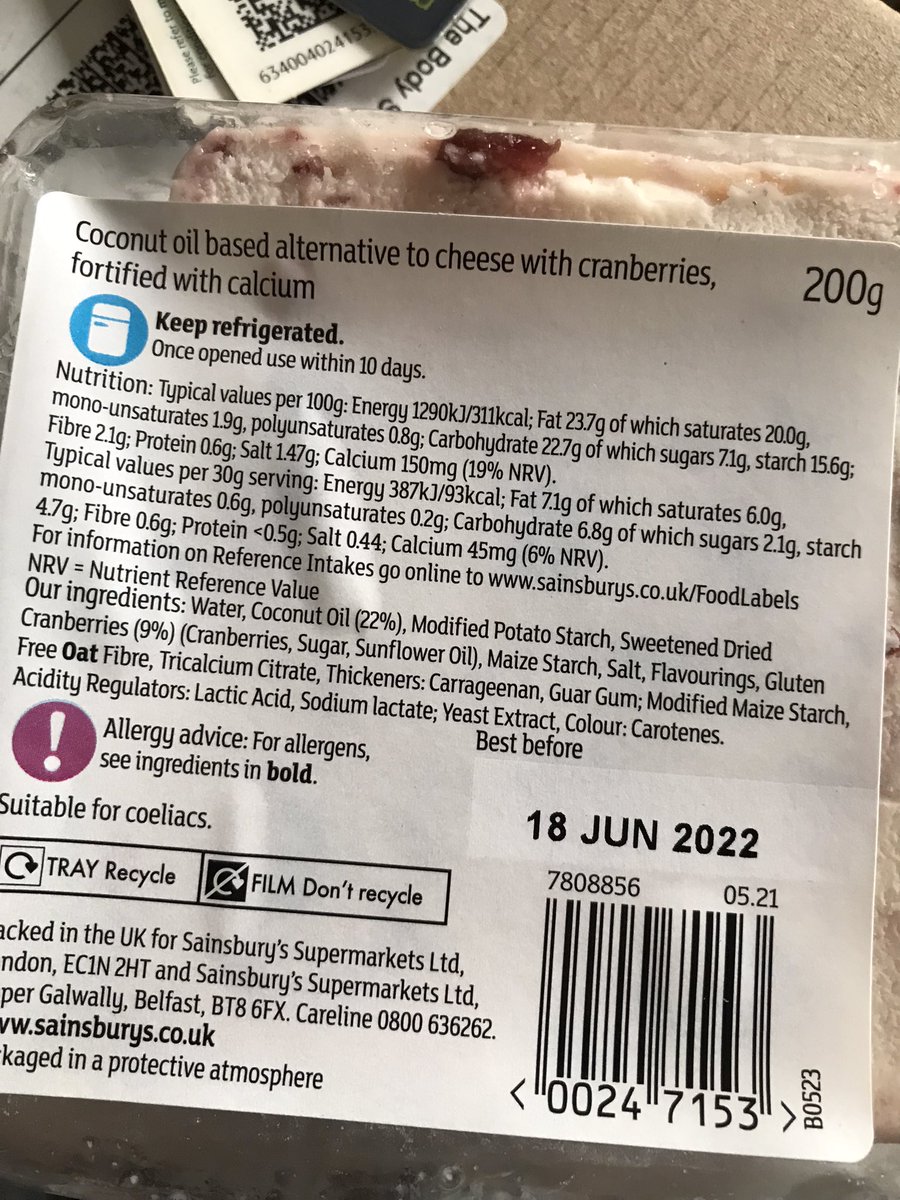 sunbeam_tiny's tweet photo. @sainsburys #confused #had1job bought this vegan blue cheese yesterday only to find the contents of pack was actually Wensleydale style with cranberries 😔 😕 https://t.co/EA3TBdZxuV