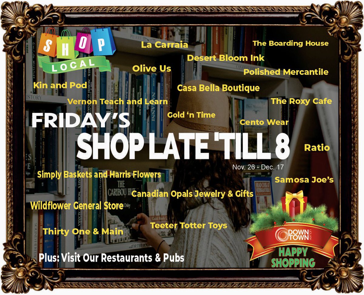 DowntownVernon's tweet image. Fridays, Shops open late. Saturdays, free parking at all meters, live entertainment and so much more. Find your Christmas spirit and the perfect gift in Downtown Vernon. #VernonBC