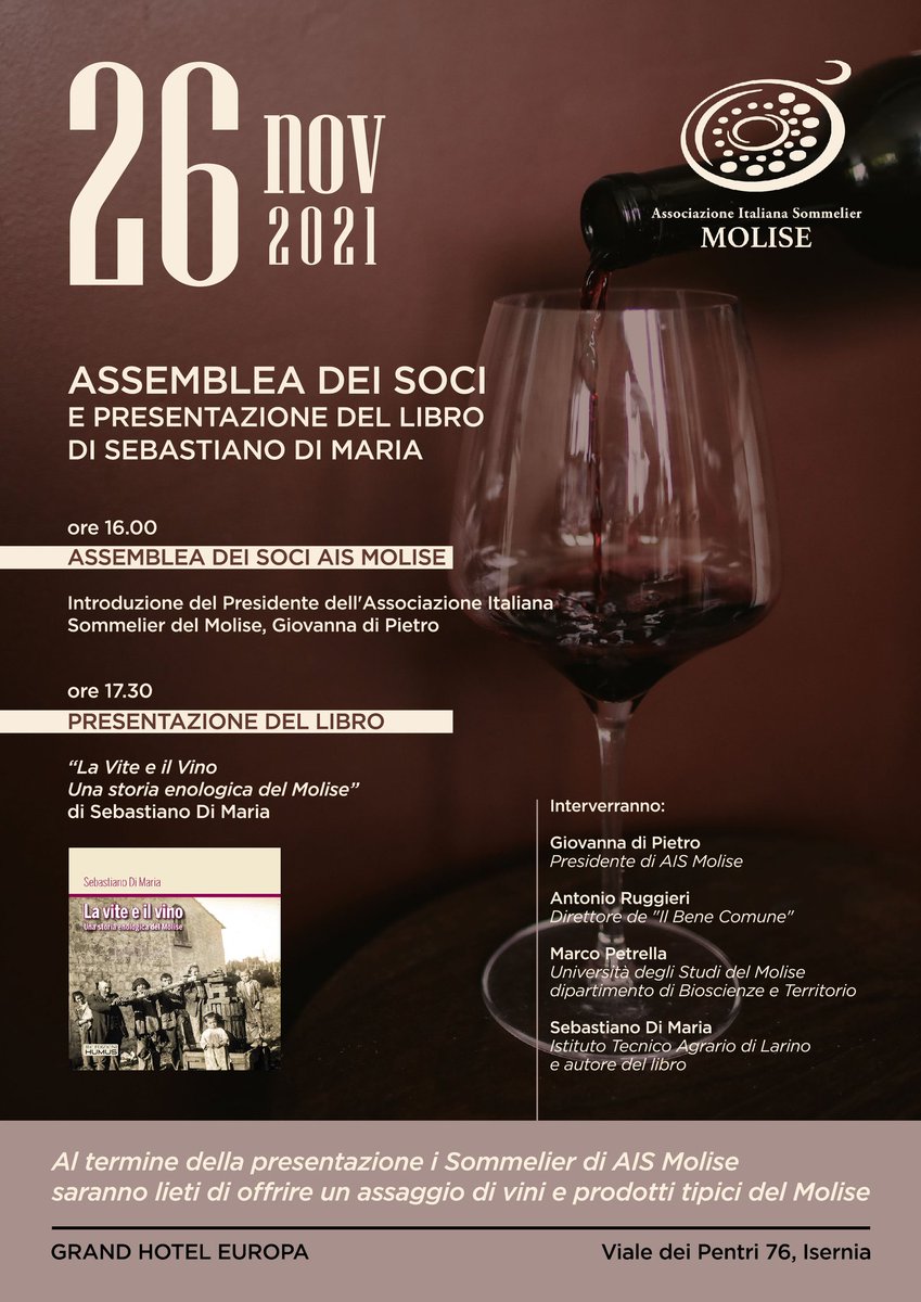 Domani presentazione del libro a #Isernia ospite di <a href="/AisMolise/">AIS Molise</a>.
"La #vite e il #vino: una storia enologica del #Molise". <a href="/Il_Bene_Comune/">Il Bene Comune</a>
#winelover
#winelovers #wine