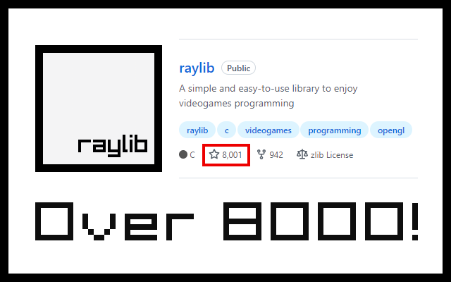 Wow! #raylib is over 8000! stars on GitHub! 😄 
Check it out: github.com/raysan5/raylib
#gamedev #indiedev #codefun #learntocode #enjoycoding #opensource