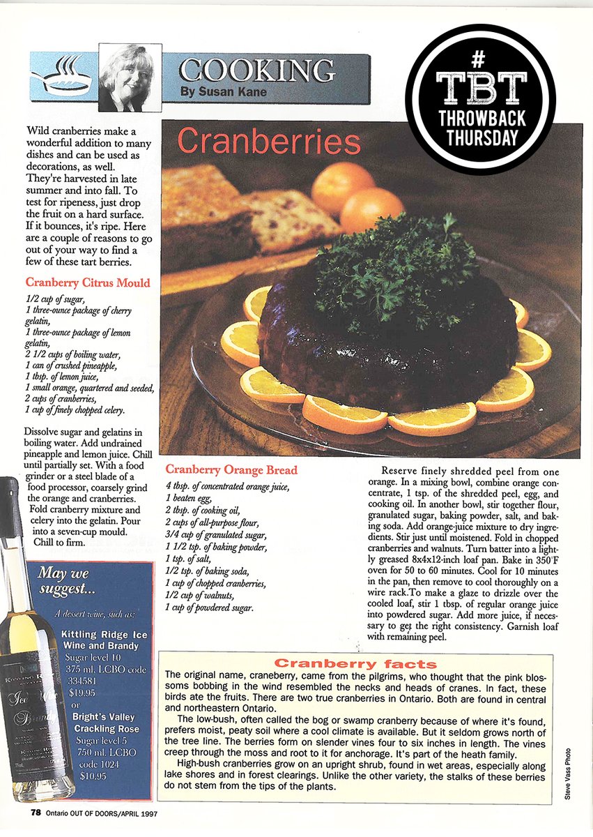 OODMag's tweet photo. Cranberry facts, breads, and moulds from 1997.
#Hunting #Fishing #Outdoors #OntarioOUTofDOORS #ThrowbackThursday #TBT #Cooking #Cranberries #CranberryCitrusMould #SusanKane #The90s #GelatinDessert #OrangeBread https://t.co/gAUZR6hDlY