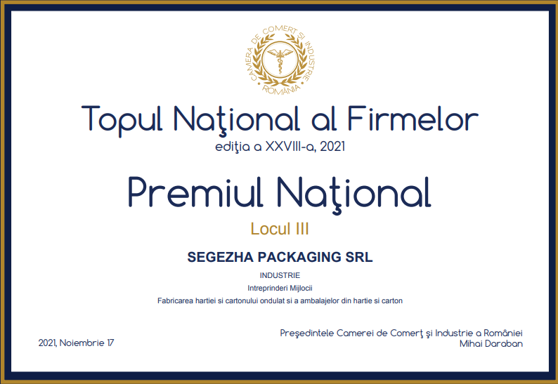 Segezha Packaging in Romania received award at The National Top of Companies 2021 event hosted by The Chamber of Commerce and Industry of Romania. It was classified at 3d position in the «Manufacture of corrugated paper &amp; paperboard and of paper and paperboard packaging» category