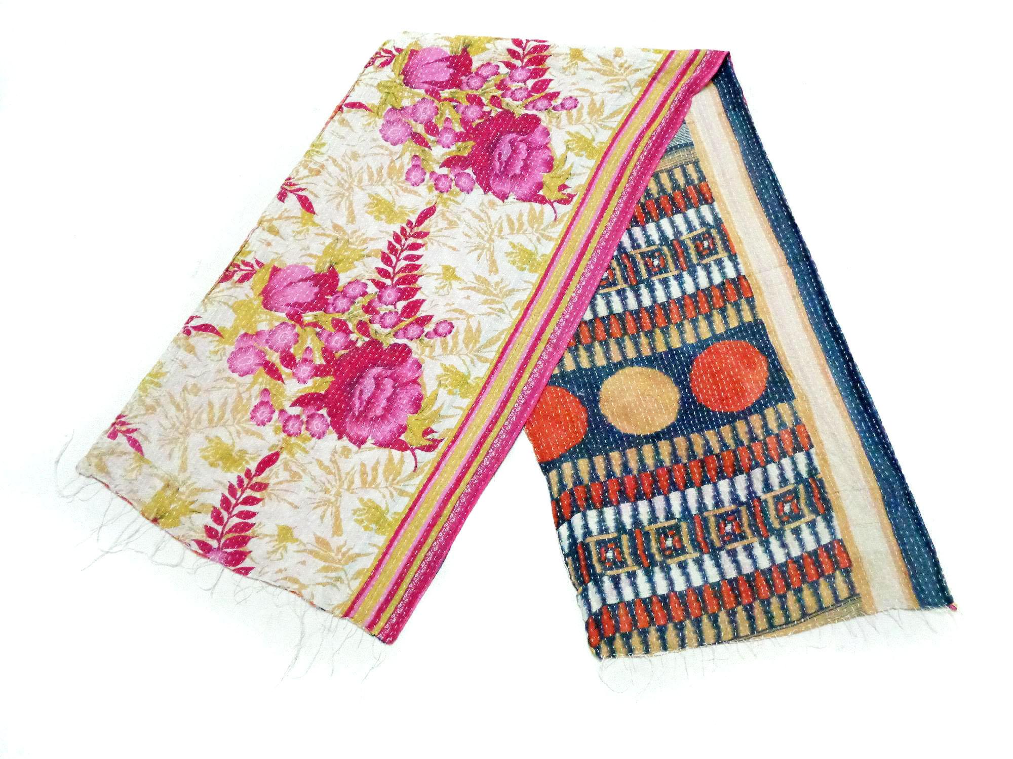 Vintage Indian Handmade Reversible Kantha Cotton Scarf Stole Dupatta Neck Wrap SK86