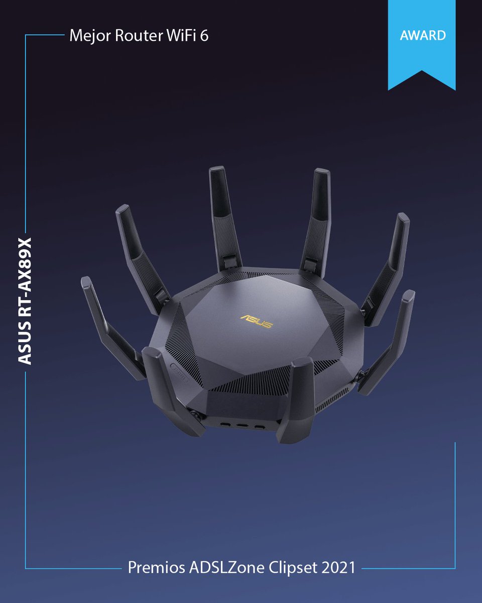 ASUS_ib's tweet photo. Ayer en los premios #ADSLZoneClipset 2021 el premio a mejor router WiFi 6 fue para el ASUS RT-AX89X 🎉 Un WiFi de doble banda 8x8 con una velocidad total de 6000M bps, ¡hasta 2,8 veces más rápido!🕷 https://t.co/6shWb0R4eF