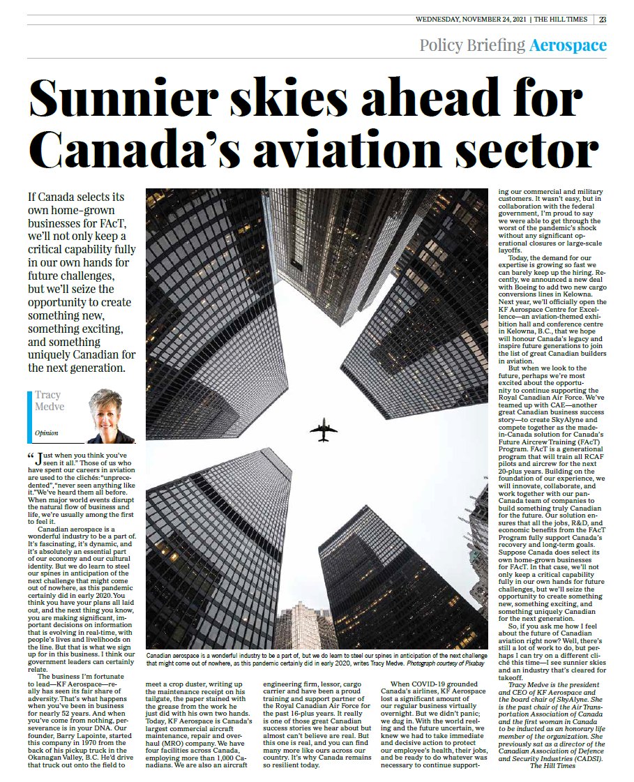 SkyAlyne Board Chair Tracy Medve via <a href="/TheHillTimes/">The Hill Times</a>:

"If Canada selects its own home-grown businesses for #FAcT... we'll seize the opportunity to create something new, something exciting, something uniquely Canadian for future generations." 

👉 hilltimes.com/2021/11/24/sun…