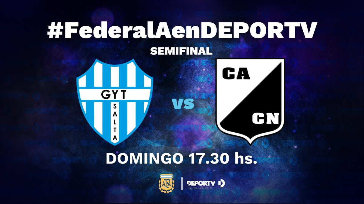 canaldeportv's tweet photo. DOMINGO | ¡Clásico salteño en la semifinal de #FederalAenDEPORTV!

🏆 Torneo Federal A - Semi
⏰ 17.30HS

👕 @gytoficial 🆚 @CACNoficial

🔴 EN VIVO
📺 HD
💻 https://t.co/OBRhCPrHq6
📱 https://t.co/nv4Afya9Oe
📱 https://t.co/ru8slu33wW
🤳 @SomosContar https://t.co/SGxMCamJ7s