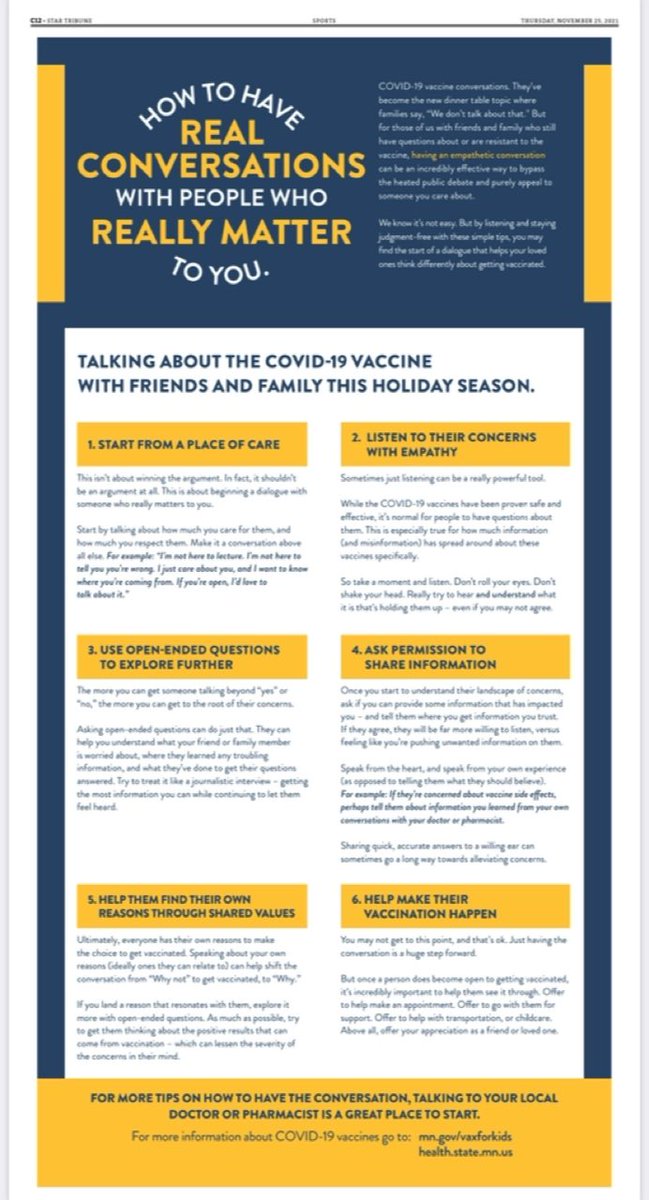 jacobkschneider's tweet photo. The Minnesota Department of Health took out a full page, color ad in today’s @StarTribune with tips for hijacking your Thanksgiving meal to badger relatives about getting vaccinated.

“Try to treat it like a journalistic interview” https://t.co/BqzgluNG15