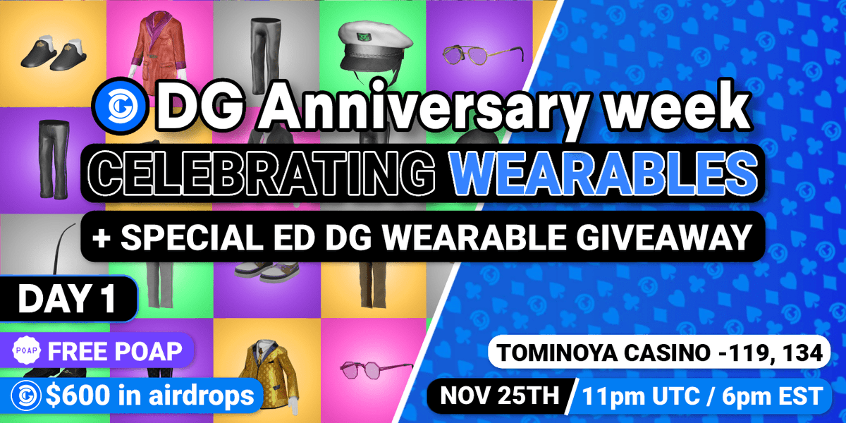 DecentralGames's tweet photo. Join us for the kickoff of 7 Days of $DG celebrating the 1 yr Anniversary of $DG Token, w/ a showcase of Decentral Games wearables, old &amp; new @ 10pm UTC / 5pm EST!🥳🧥💰

Grab the Free POAP and receive a Decentral Games Anniversary wearable NFT!🎁

👉RSVP: https://t.co/OWprTz1jUm https://t.co/13dNqbL4E8