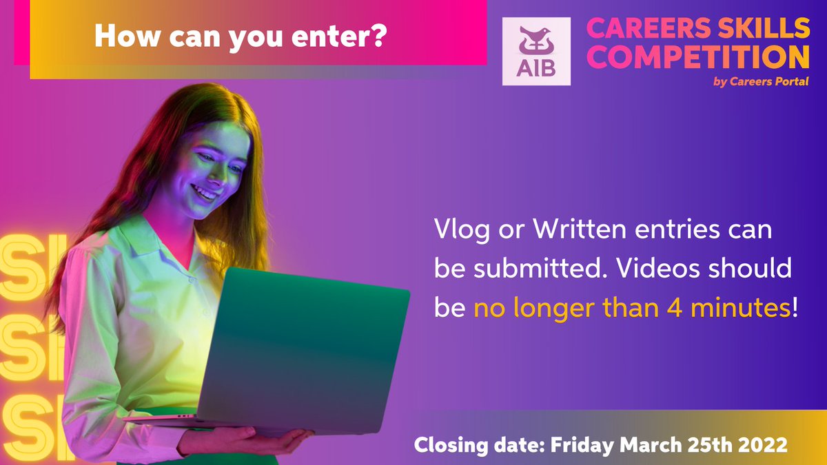 Are your students entering our @AIBIreland National Career Skills Competition this year?👀💥

Did you know you can enter in Irish/English and in written/vlog form?🧐

For more info 🔗ow.ly/bjI450GWfPv

#CareerSkills #Competition #WorkExperience @AIBCareers