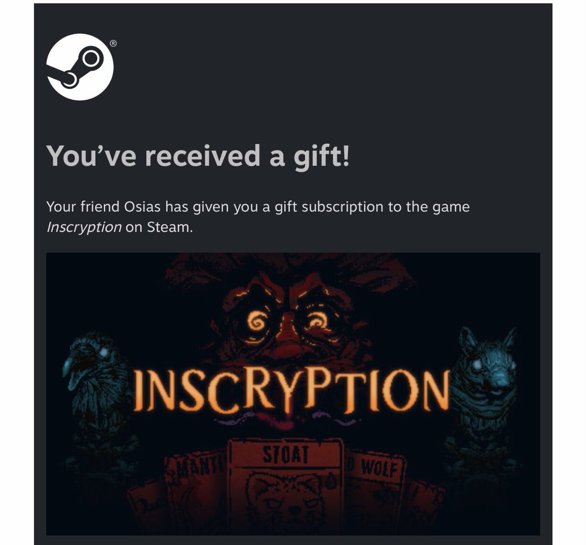 After several days of talking about wanting to play Inscryption after watching <a href="/FarFromSubtle/">Fraser Agar 🇯🇵🇨🇦</a> play it my bf surprised me with it 😁 can’t wait to play after work!