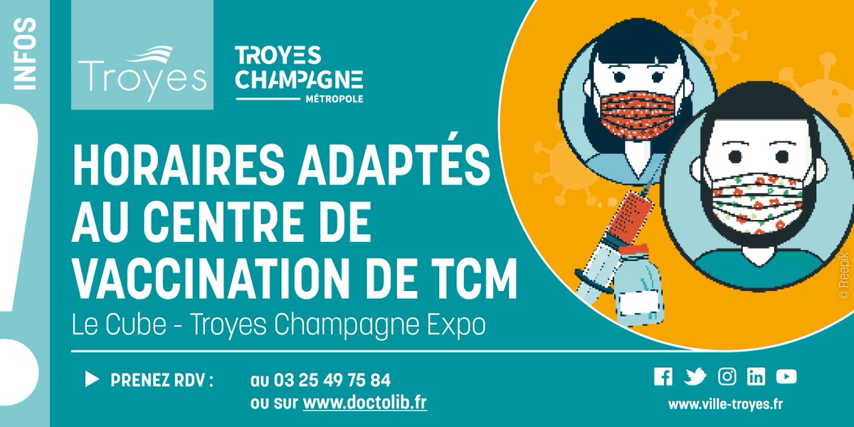 VilledeTroyes's tweet photo. VACCINATION : LE CUBE S'ADAPTE 👩‍⚕️🧪
➡️ https://t.co/usfDPq4h10
Avec l'accélération de la #vaccination liée à la dose de #rappel, les horaires s'élargissent dès samedi 27 novembre :
• Du lundi au jeudi : 8h-18h
• Vendredi : 10h-20h
• Samedi : 8h-18h
• Dimanche : 8h-13h https://t.co/WyKBAiZcWD