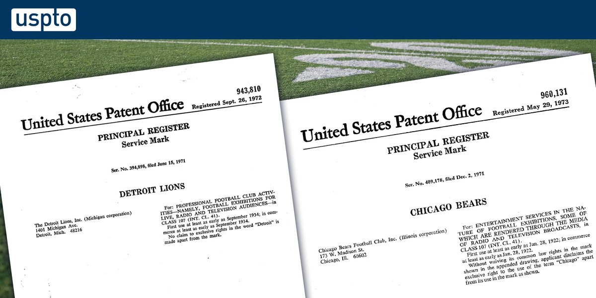 uspto's tweet photo. Lions and tigers and bears, oh my! 🏈 You’ll have to wait until Sunday for the @Bengals, but the Detroit @Lions and the @ChicagoBears (and their registered #trademarks) take the field for #Thanksgiving football. #MarkTheCompetition https://t.co/sfkrsDJfcm