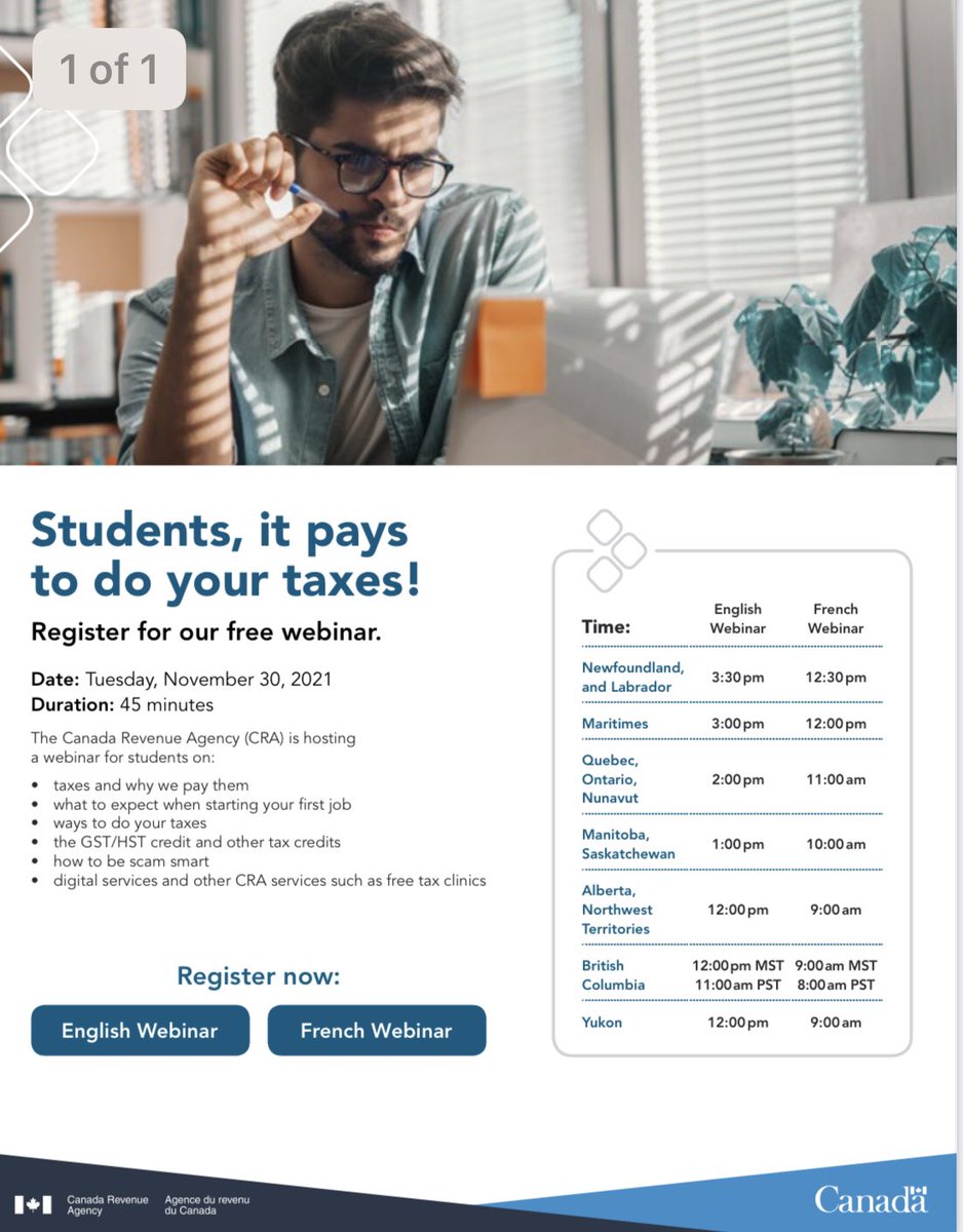 Students, it pays to do your taxes! Register for this CRA free 45 minute webinar.
Webinar topics:
✅ taxes and why we pay them
✅ what to expect when starting your first job
✅ ways to do your taxes
✅the GST/HST credit and other tax credits
✅ how to be scam smart