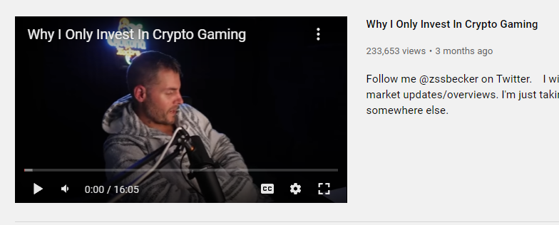 ZssBecker's tweet photo. Total confession : When I made the video "Why I Only Invest In Crypto Gaming" 3-4 months ago...Making 90% of my portfolio and seed investments games

I was expecting MAYBE a nice 3-5x by end of the year and BIG boom in maybe 2 years.

I'm literally dumbfounded by these gains. https://t.co/1dtVfc92nG