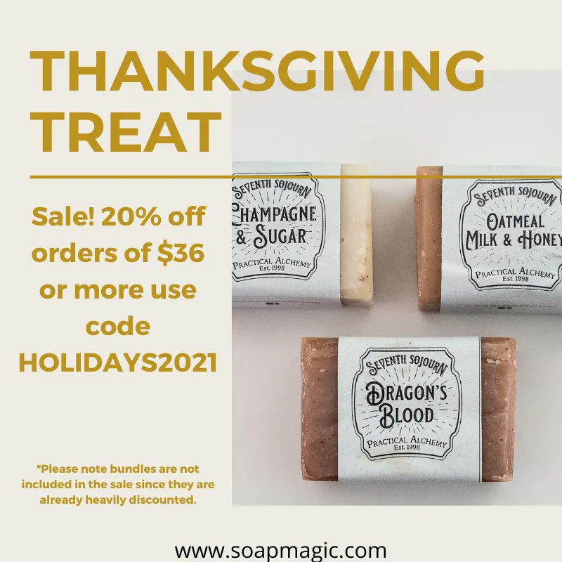 Happy Thanksgiving! We're so thankful for all of you, and couldn't do what we love without you ❤️ So THANK YOU!! Our holiday sale starts today at 12pm CT through Dec 19. Get 20% off when you spend $36 or more. Just use code HOLIDAYS2021. soapmagic.com.