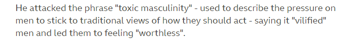 DanConnell's tweet image. bbc.co.uk/news/uk-politi… - states this incorrect description of toxic masculinity (literally, just check Wikipedia's first line for a better description- en.wikipedia.org/wiki/Toxic_mas…) - please fix this, @BBCNews :