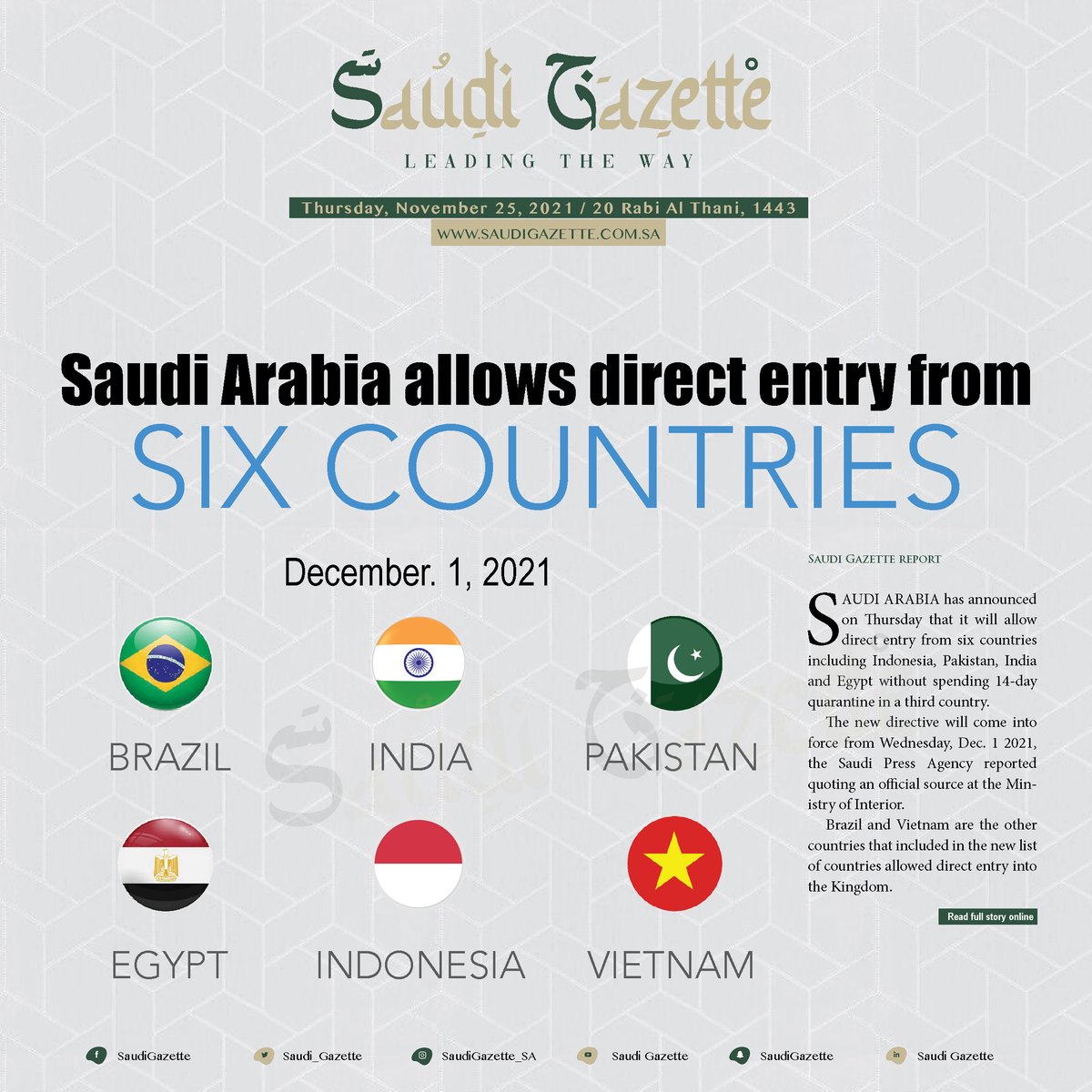 Saudi_Gazette's tweet photo. #SaudiArabia allows direct entry from six countries, including #India and #Pakistan — https://t.co/kHV7gQh8t2 https://t.co/hJYXpuXWhn