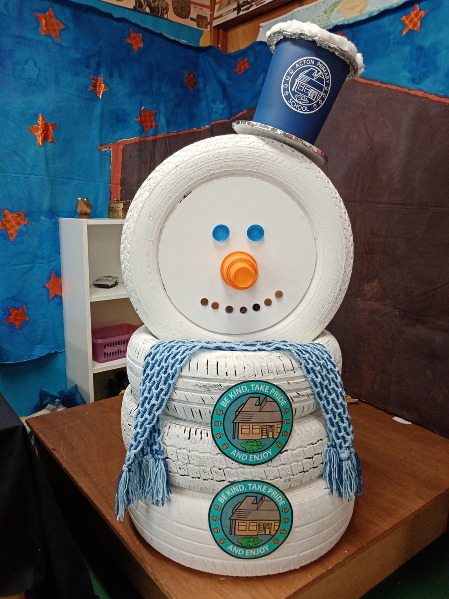 Meet 'Axle' the Acton Snowman! He has been created by Caterpillar class from recycled tyres and other recycled items we have found around the school. He will joining his festive friends outside St. Peters Church tomorrow. @communitywarden #sudbury #recycle #snowman #christmas