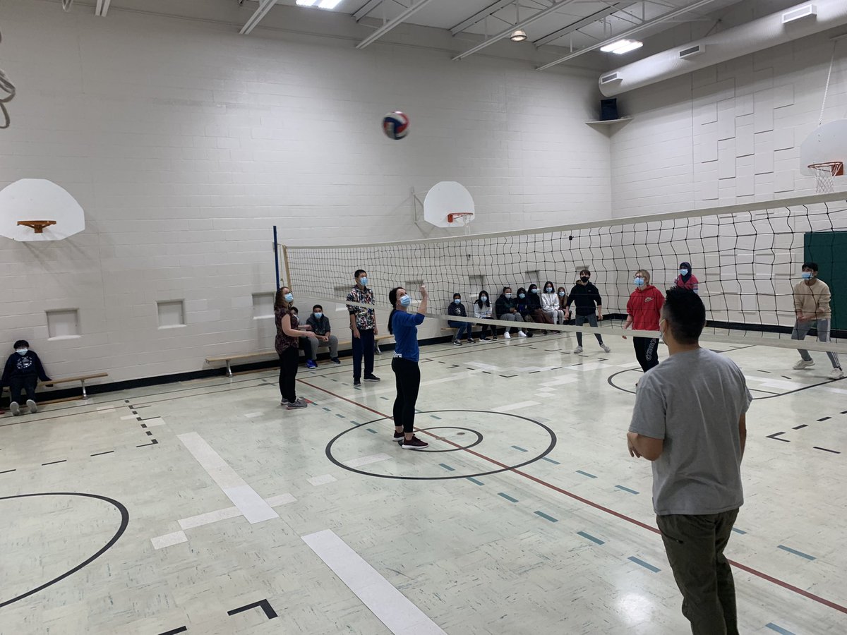 Epic battle underway as the Mustangs Volleyball team battles the teachers 💪 😄