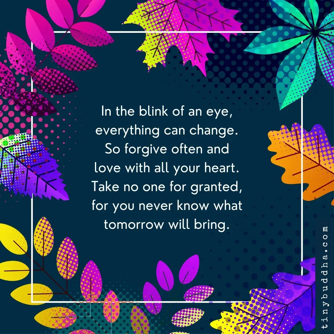 tinybuddha's tweet photo. In the blink of an eye, everything can change. So forgive often and love with all your heart. Take no one for granted, for you never know what tomorrow will bring. https://t.co/1tr1Oitgmp