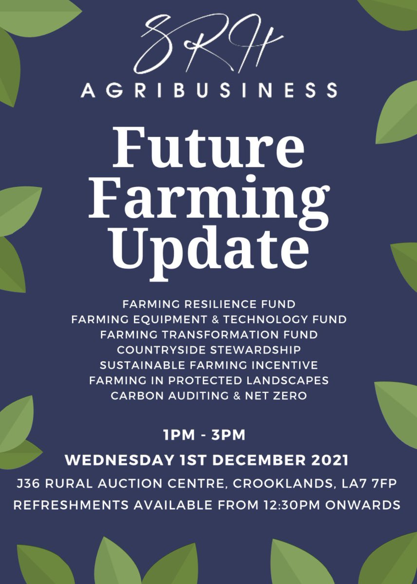 Free event for all farmers &amp; rural businesses Weds 1st Dec 2021

J36 rural auction centre, Crooklands, LA7 7FP 

There is a plethora of new schemes that businesses can take advantage of - having the right info to make informed decisions is absolutely crucial

#funding #schemes