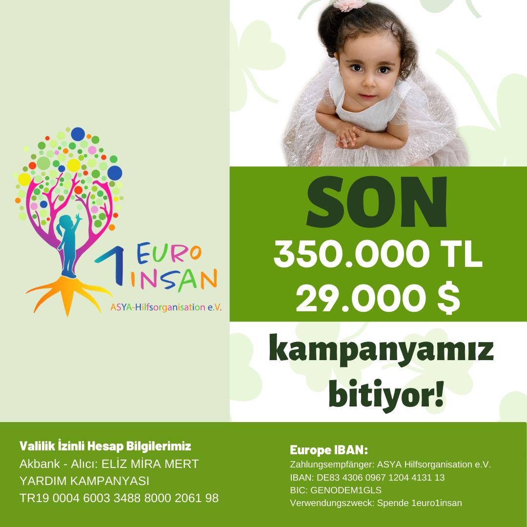 1euro1insann's tweet photo. Kampanyamız bitiyor
SON 350.000 TL✨

Umuda yolculuğumuz tamamlanmak üzere.Eliz Mira'nın tek şansı, Zolgensma'ya ulaşmak üzereyiz. Çok direndik,asla pes etmedik.
Bu yolu ancak desteğinizle tamamlayabiliriz.

SON BİR KEZ DAHA YANIMIZDA OLMANIZA İHTİYACIMIZ VAR

#SeninleyimElizMira https://t.co/2spbtiYHT3