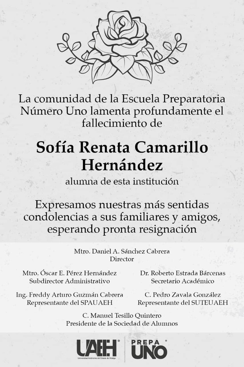 Nos unimos a la pena que embarga a la familia Camarillo Hernández por el sensible fallecimiento de Sofía Renata, alumna de nuestra institución.