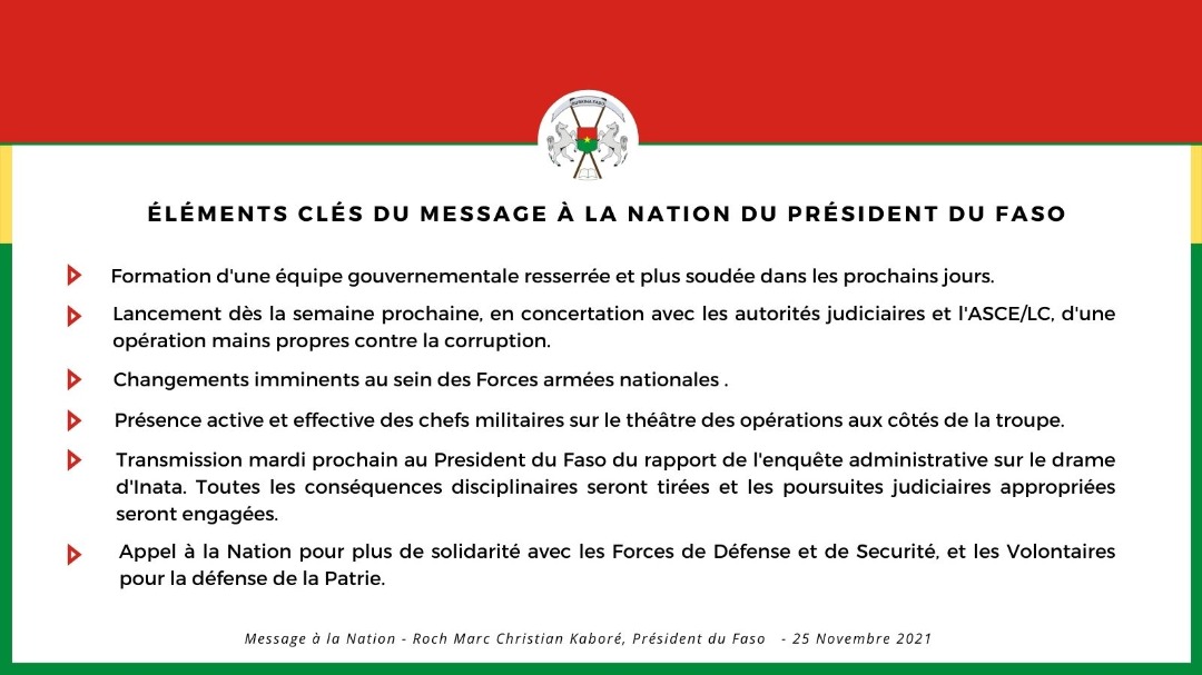 Les éléments clés de mon Adresse à la Nation ce 25 novembre 2021.
#BurkinaFaso #lwili