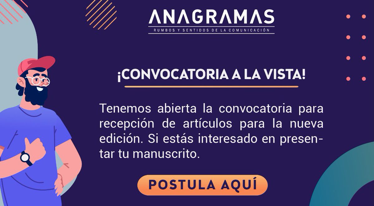 AnagramasRev's tweet photo. Hola investigador, te invitamos para que postules tu manuscrito resultado de una investigación, este será participe de nuestra #Edición40 para más información visítanos en https://t.co/UBaqhkpvaO   #cienciassociales #Investigación #comunicación https://t.co/6QdT1VwlWm