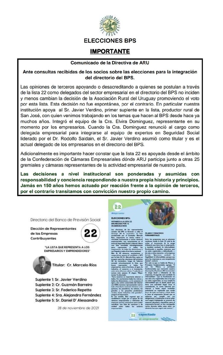 Agradecemos el apoyo de la Asociación Rural del Uruguay a la única lista de consenso empresarial.
Orgullosos de la propuesta q hemos construido en conjunto, sin banderas políticas y sin escuchar los ruidos al costado del camino.
#Lista2️⃣2️⃣  #MejorJuntos 
aru.org.uy/comunicado-por…