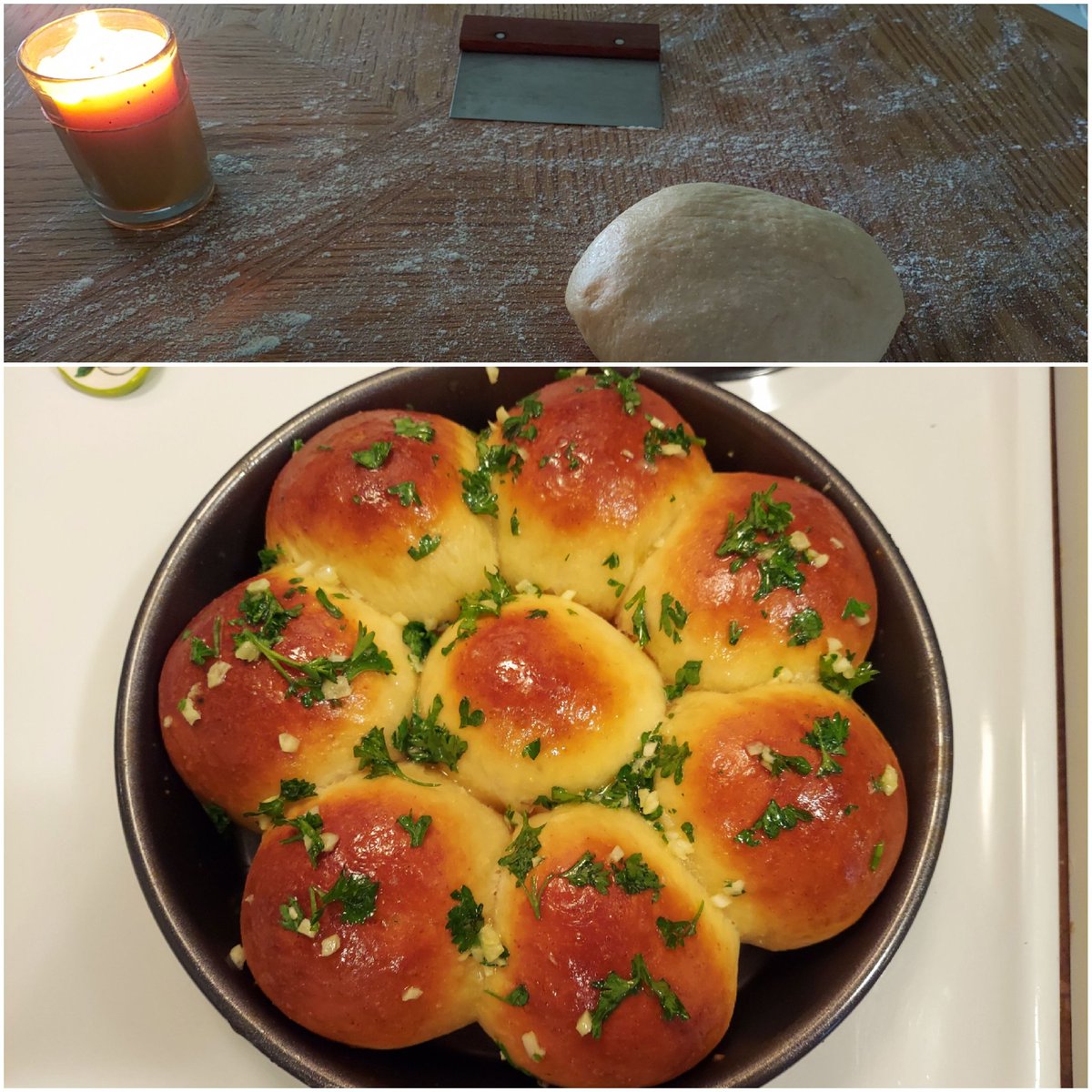 ElJaderos's tweet photo. We lost power for most of the day. I had to knead/shape these by candlelight then proof them for hours in the cold rain until I could use the oven again but damn if I'm not excited about my first take on Hokkaido milk bread (w/tangzhong). Topped with garlic/herb butter https://t.co/l73UMaOQyP