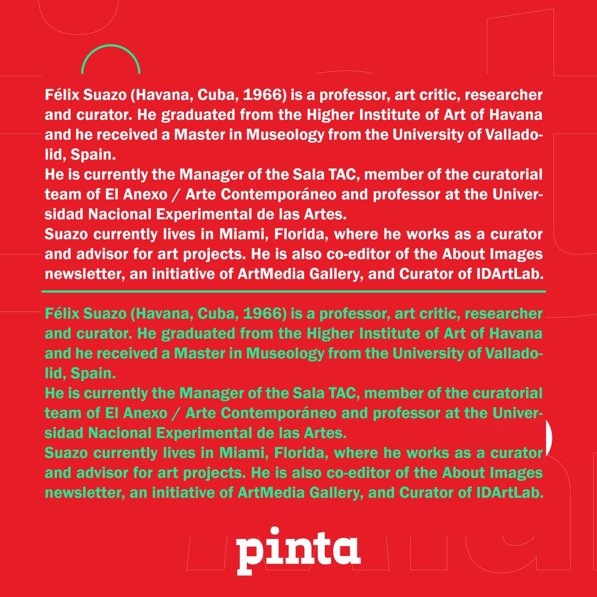 With the curatorship of Félix Suazo, Special Projects brings to life the concerns and possibilities of the near future. This edition will feature artists Nan Gonzalez (Courtesy of the artist and Henrique Faria) and Lisu Vega (Courtesy of the artist and Bag Online Art Gallery)