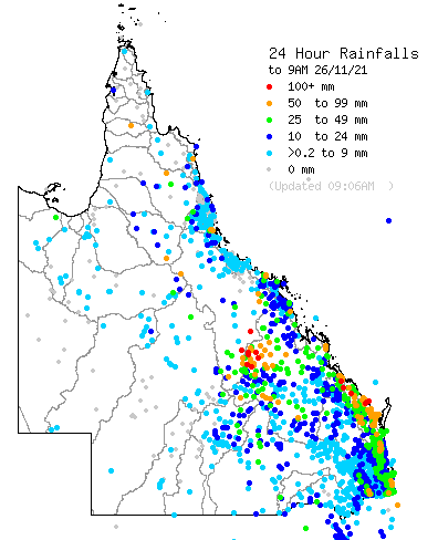 BOM_Qld's tweet photo. Rainfall in the 24 hrs to 9 am was widespread with TS ⛈️all adding to the list of flooded rivers, including flash flooding at #Rubyvale. Highest in the state was at #Bundaberg with 192 mm. More rain and TS ⛈️ in the north and east today. Check warnings https://t.co/FBmpsInT9o https://t.co/rYV40pv0sy